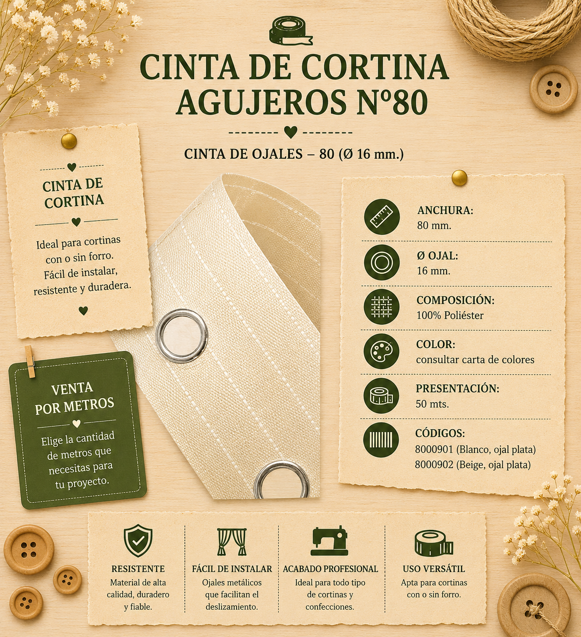 CINTA CORTINA OJALES 16MM